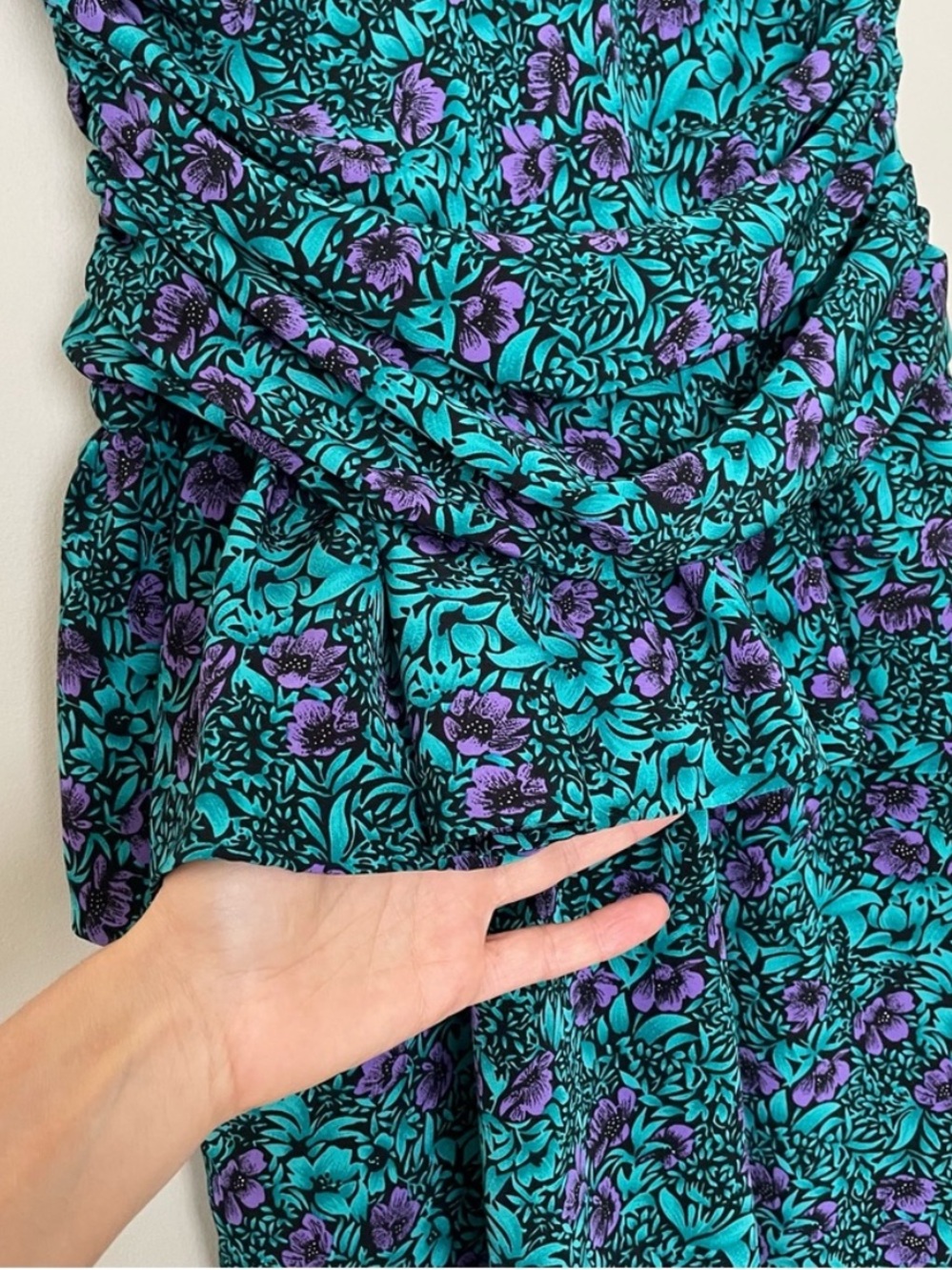 Vintage 80s Union Made Peplum Dress Teal Purple Floral Made in Canada Pantel - Picture 7 of 14